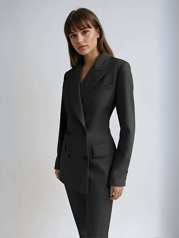 Matching women's tailored blazer & trousers set. Comfortable professional suit for office and business wear.