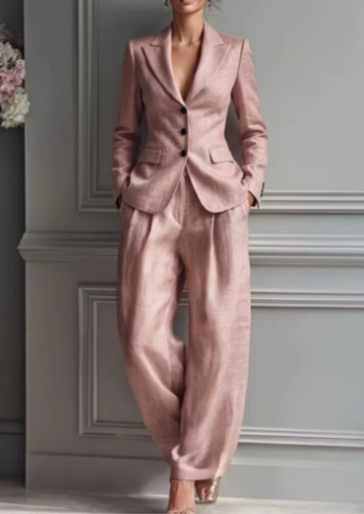Women's tailored blazer & wide-leg trouser set, elegant two-piece business casual outfit for office or events.