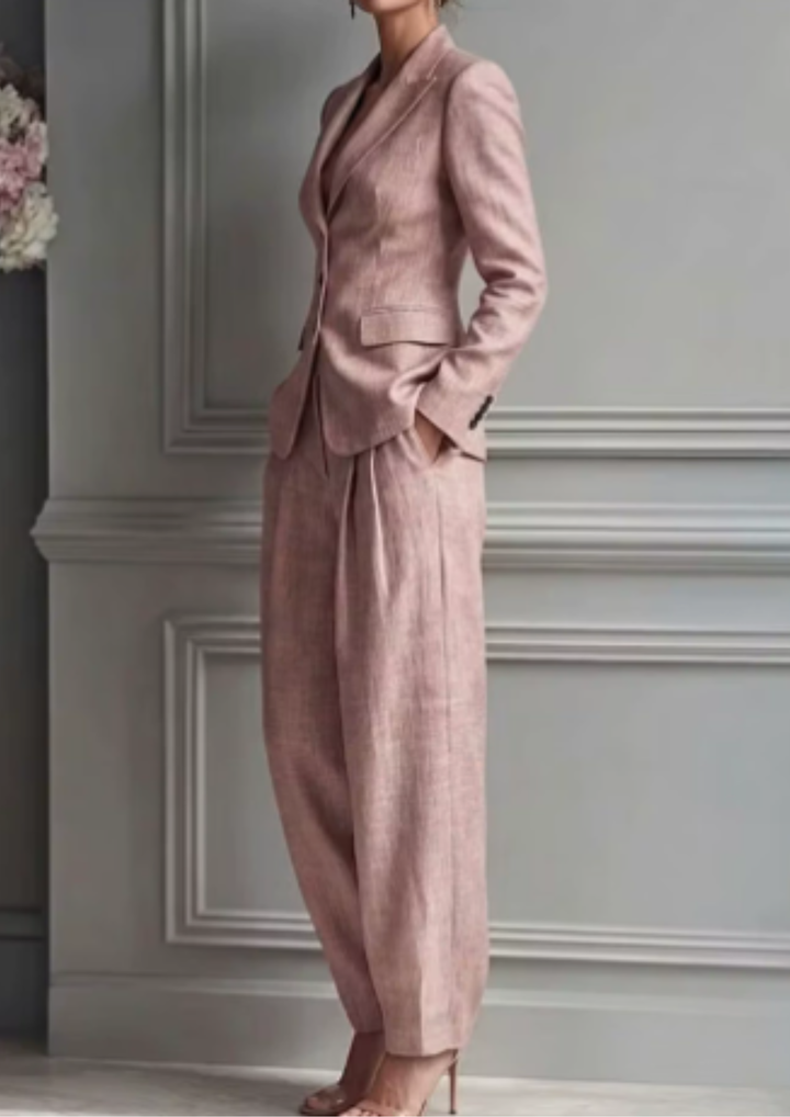 Tailored women's blazer with collared neckline, paired with wide-leg trousers for a sophisticated two-piece set.