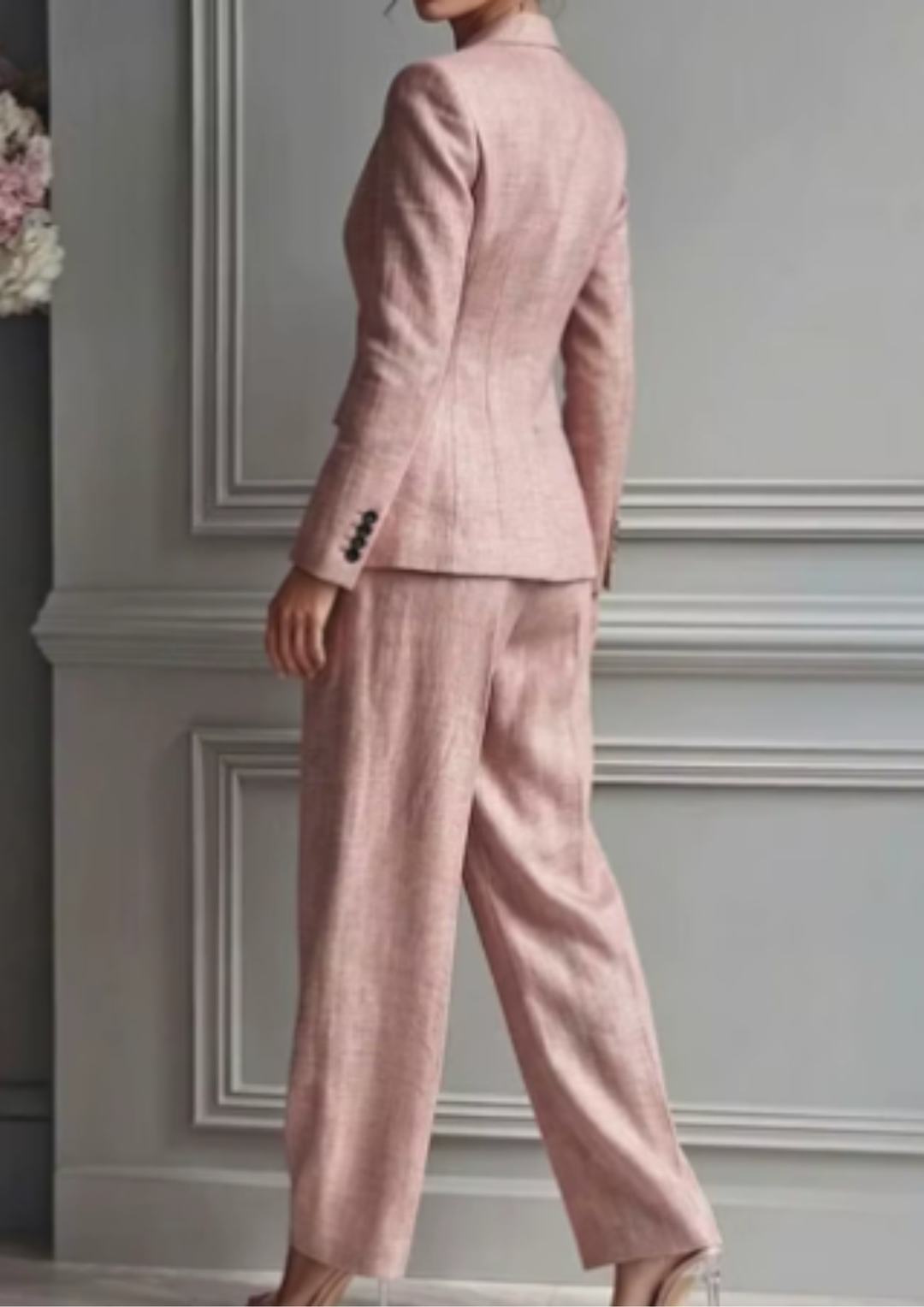 Women's wide-leg pleated trousers & matching collared blazer. A chic, tailored two-piece set for modern professionals.