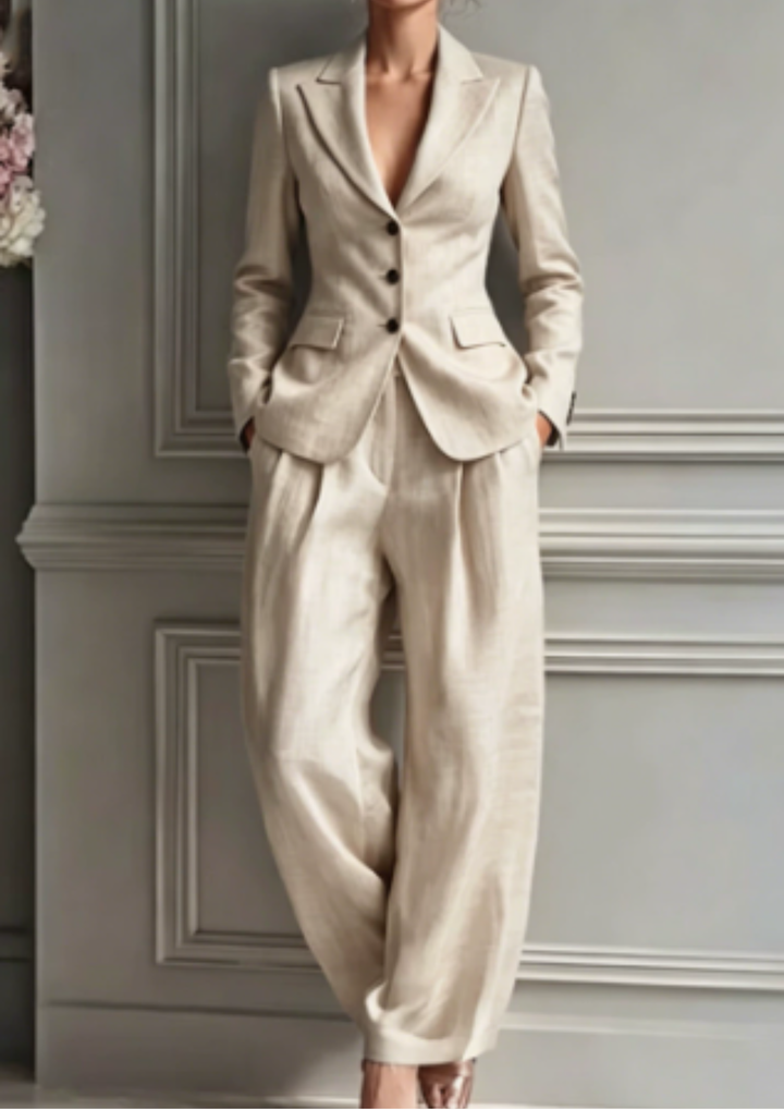 Business casual women's tailored blazer & wide-leg trouser set, ideal for office, meetings, or elegant events.