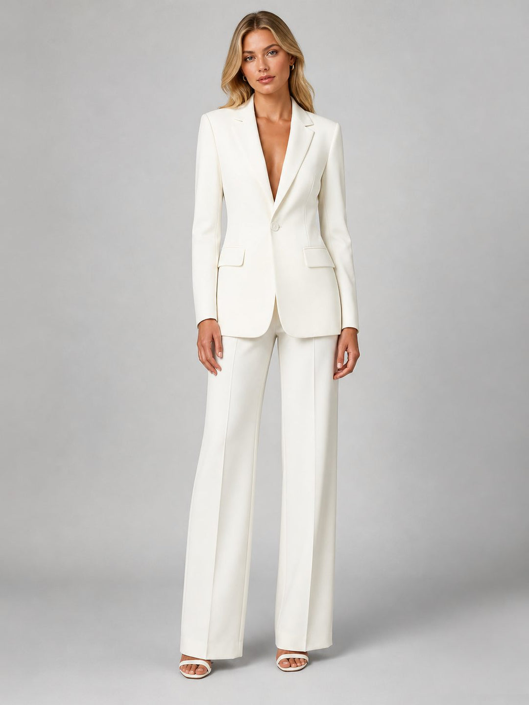Women's tailored blazer & wide leg trousers set, offering an elegant two-piece suit for business & smart casual wear.