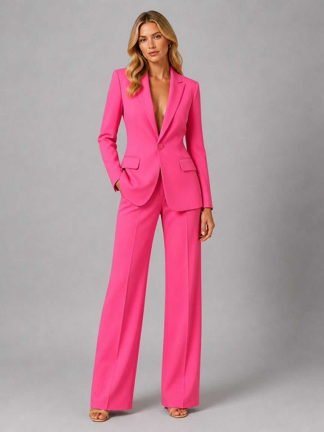Elegant women's blazer & wide leg trousers combo. This sophisticated two-piece suit is ideal for any professional setting.