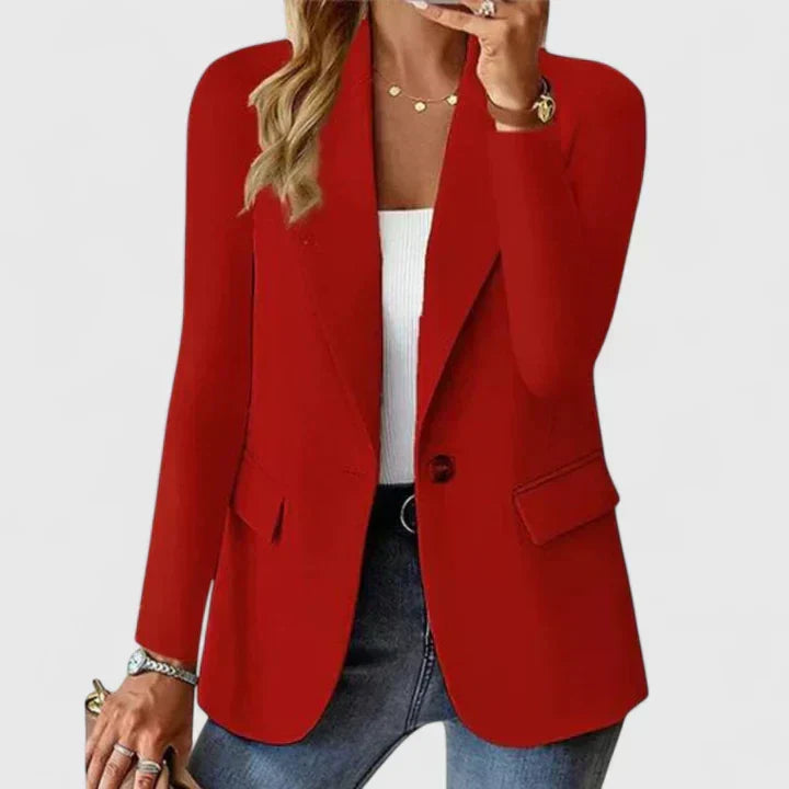 Elegant women's lapel blazer, perfect for business casual or professional attire, featuring a single button.