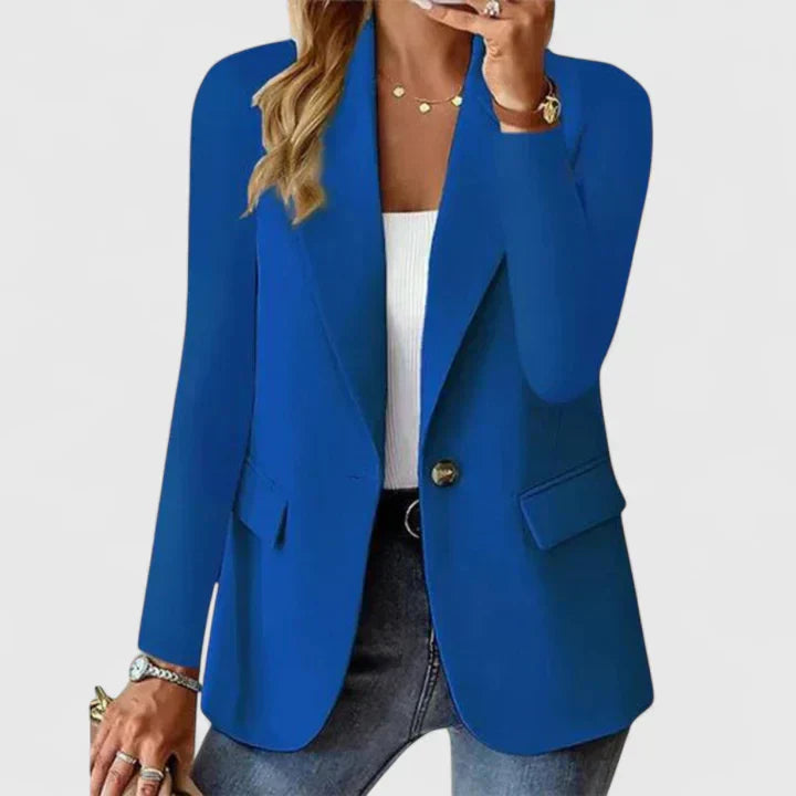 Professional women's tailored blazer, featuring a sophisticated lapel and single button, great for business.