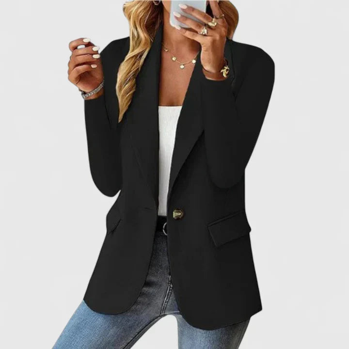 Chic women's tailored lapel blazer with a single button, offering a polished look for modern office fashion.