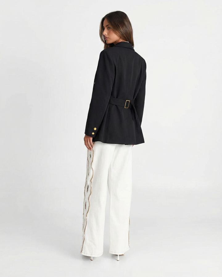 Professional women's tailored blazer with gleaming gold buttons. Elevate your office fashion & elegant style.