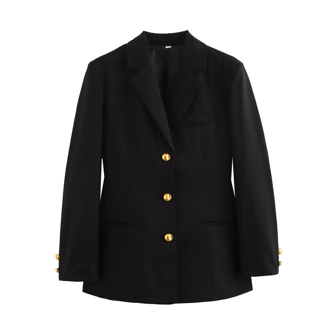 Classic women's tailored blazer, gold button details. A smart casual & professional wear essential for her.