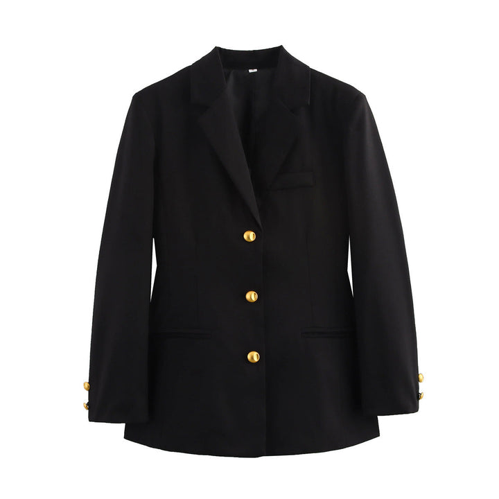 Classic women's tailored blazer, gold button details. A smart casual & professional wear essential for her.