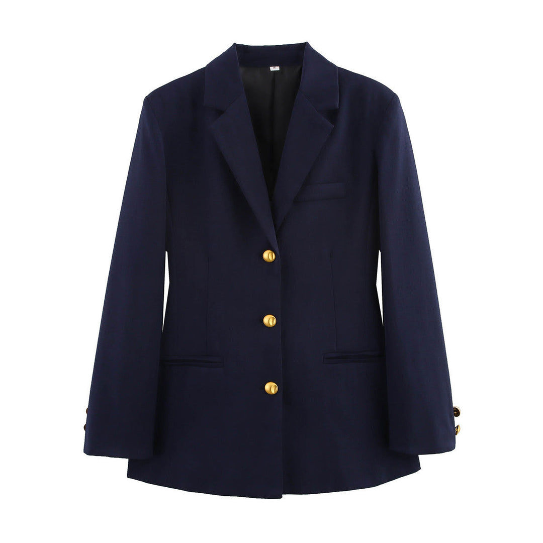 Elegant women's tailored blazer with gold buttons for a polished look. Perfect structured jacket for work or events.