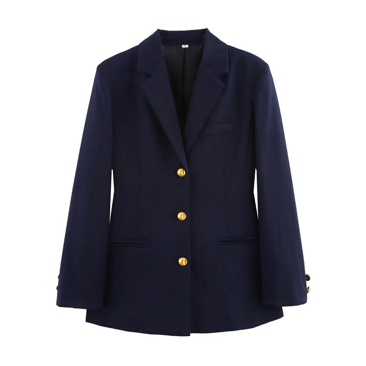 Elegant women's tailored blazer with gold buttons for a polished look. Perfect structured jacket for work or events.