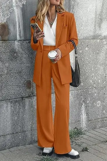 Professional women's office attire: a formal tailored suit set with a sharp blazer and comfortable trousers.