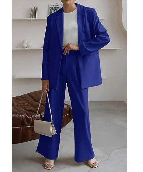 Stylish matching women's business suit, including a fitted blazer & sleek trousers for work.