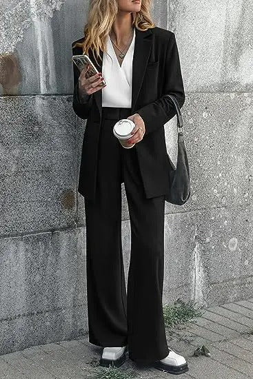Chic women's tailored workwear: a complete professional suit with a blazer & trousers for office attire.