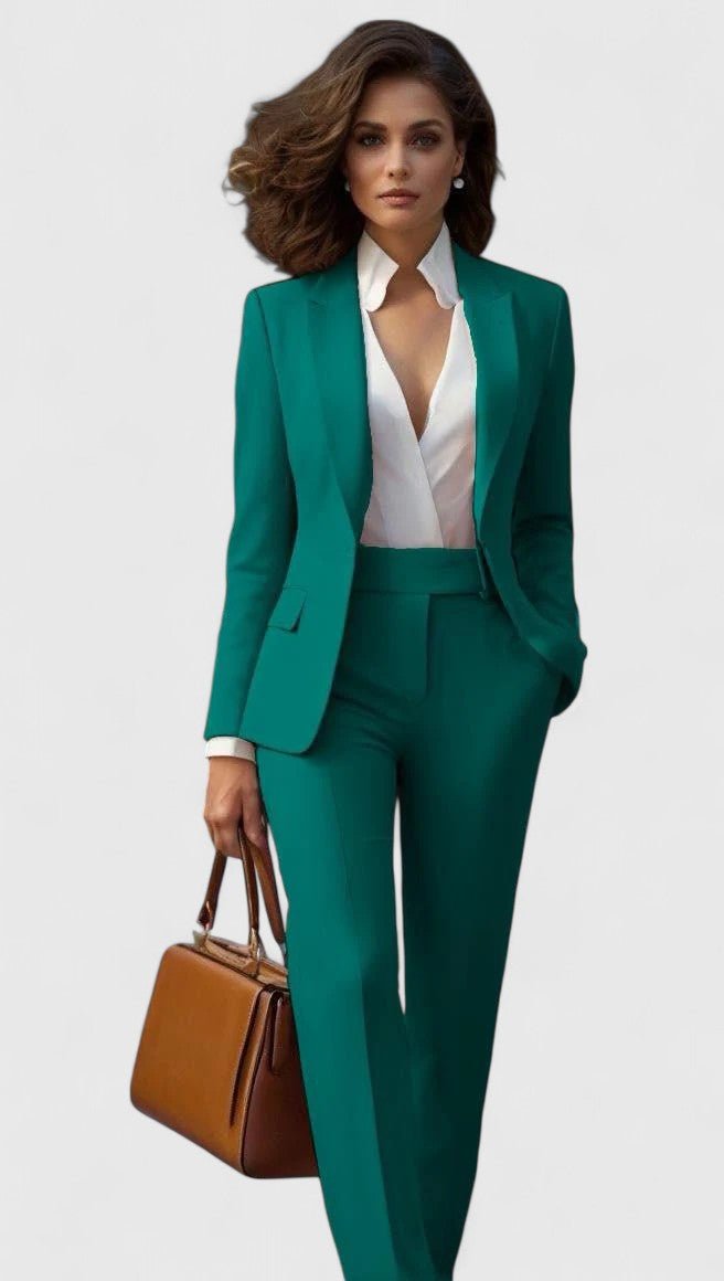 Stylish women's office fashion suit. Professional blazer & trousers set for modern business attire.