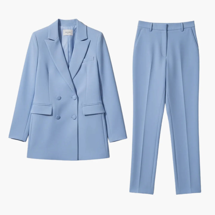 Women's tailored double-breasted blazer and pants suit set for professional business attire.