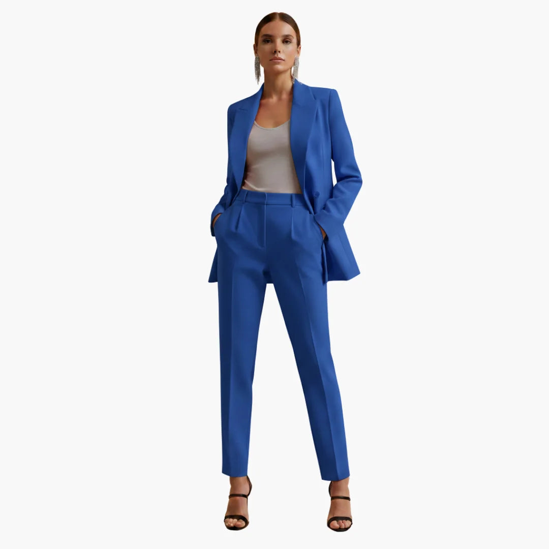 Fashionable women's suit set, featuring a stylish double-breasted blazer for work.