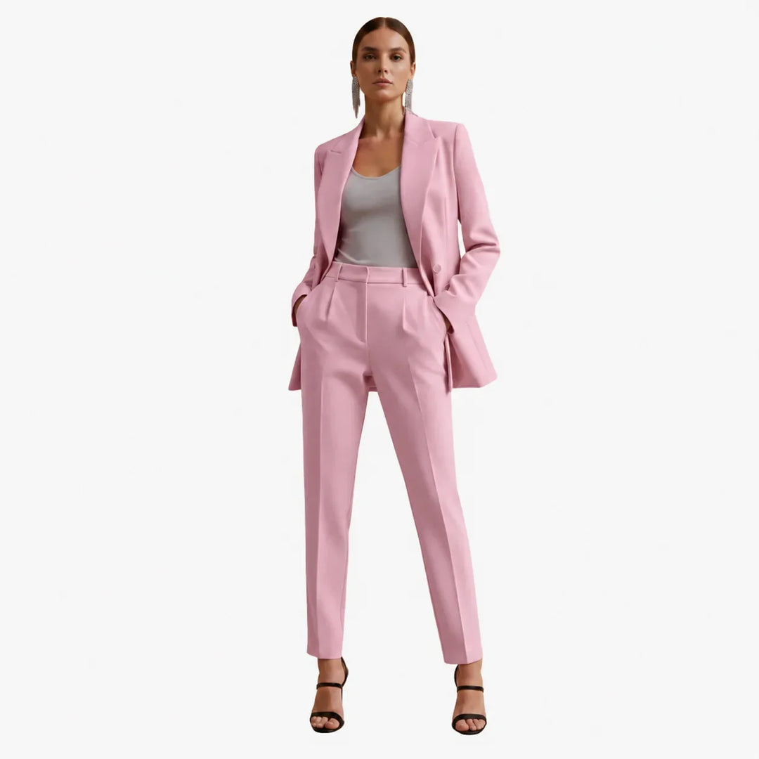 Classic women's formal suit: double-breasted blazer & smart tailored pants.