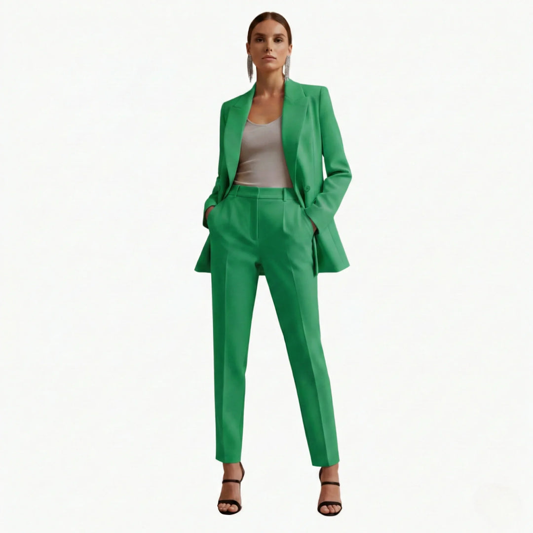 Smart women's business attire: a double-breasted blazer and matching tailored pants.