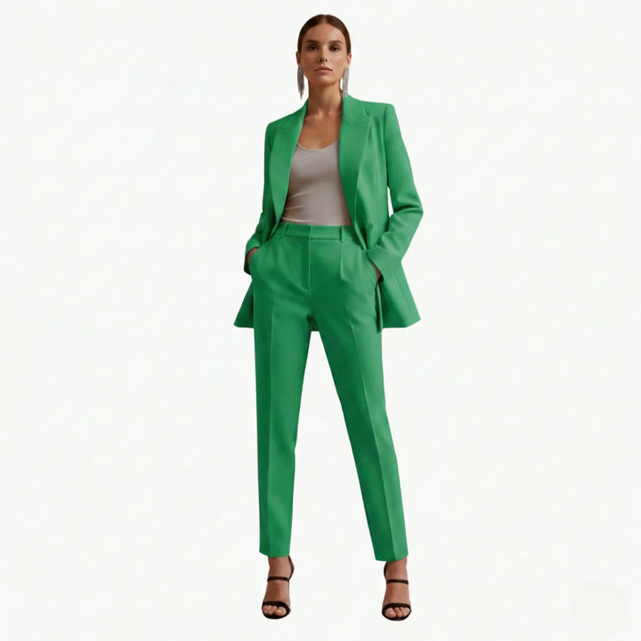 Smart women's business attire: a double-breasted blazer and matching tailored pants.