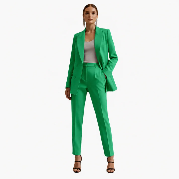 Contemporary women's suit set, elegant double-breasted blazer & sleek pants.