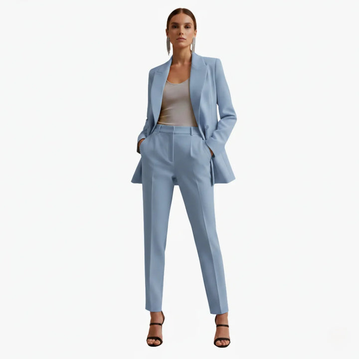 Elegant women's two-piece suit with a double-breasted blazer & matching tailored pants.