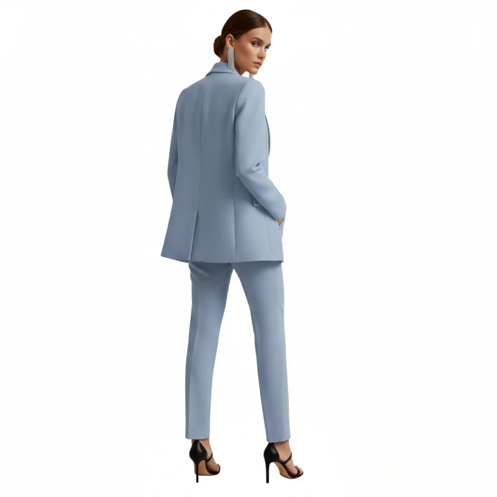 Stylish women's office wear suit set, featuring a fitted double-breasted blazer.
