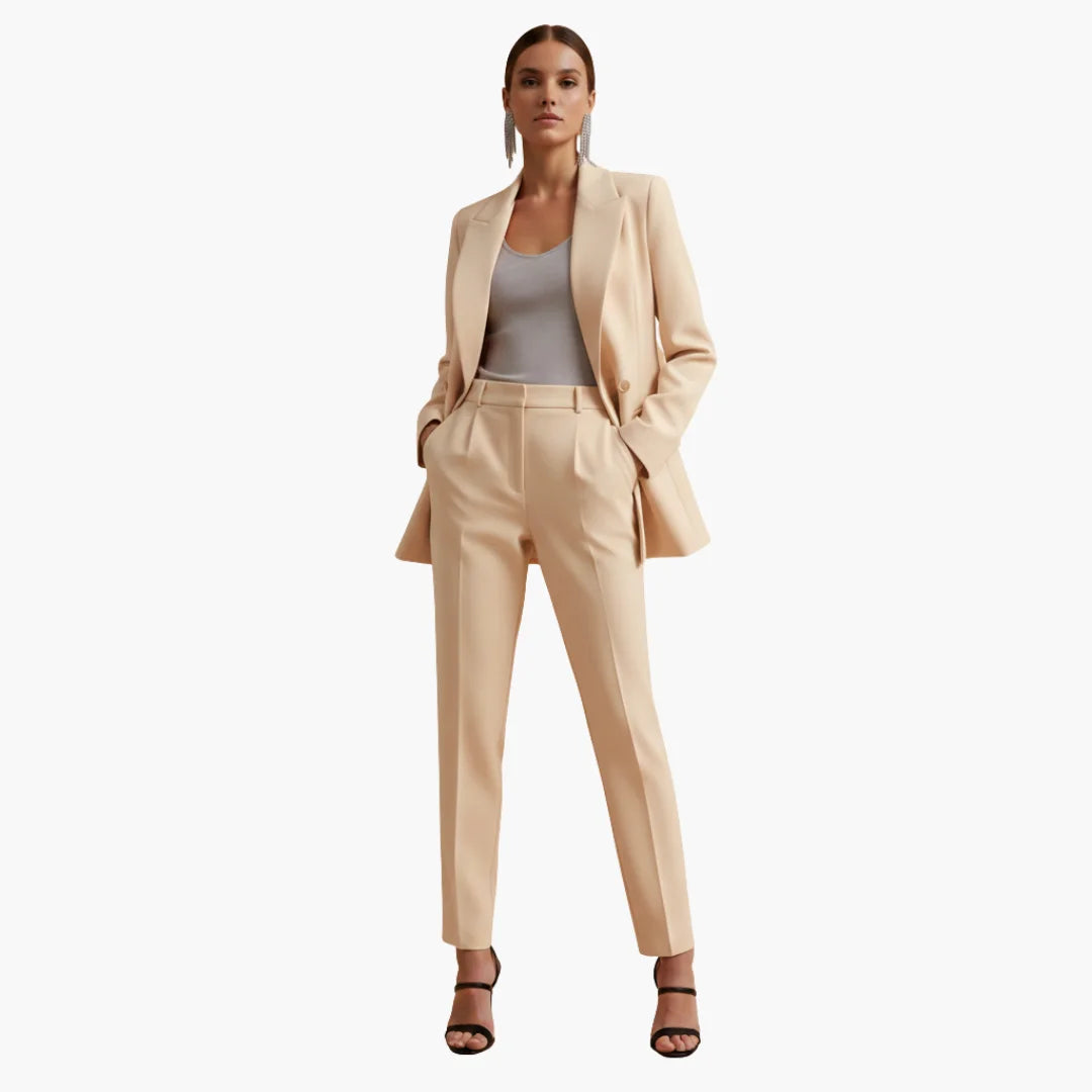 Sophisticated women's double-breasted blazer & pant suit for modern office wear.