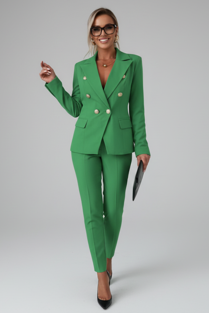 Professional women's tailored blazer and pants set, ideal for elegant and sophisticated business attire.