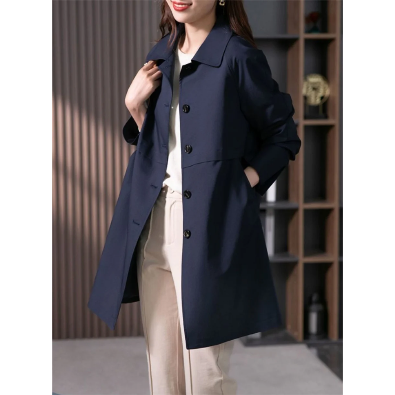 Chic black single-breasted women's trench coat. Tailored fit for sophisticated office or casual spring/fall fashion.