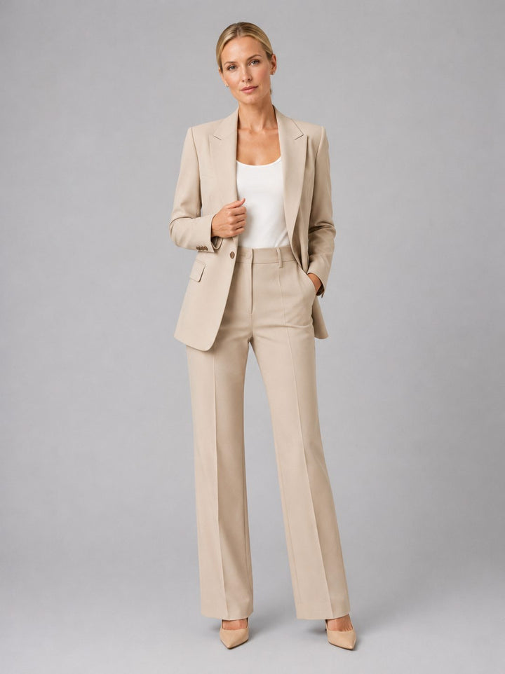 Chic women's formal suit set: tailored blazer & high-waist straight leg trousers. Ideal for office & business.