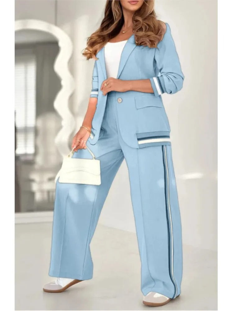 Beautifully tailored women's lounge set with a structured blazer and modern straight-fit trousers.