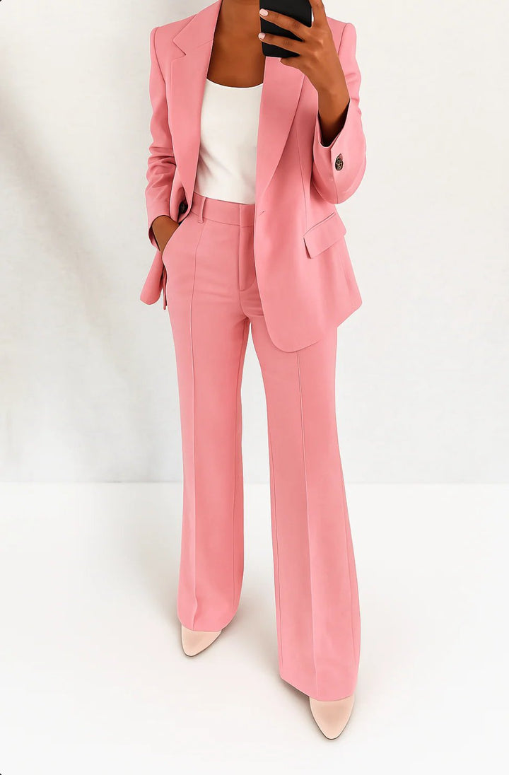 Stylish women's professional workwear suit set featuring a tailored blazer & smart trousers for career women.