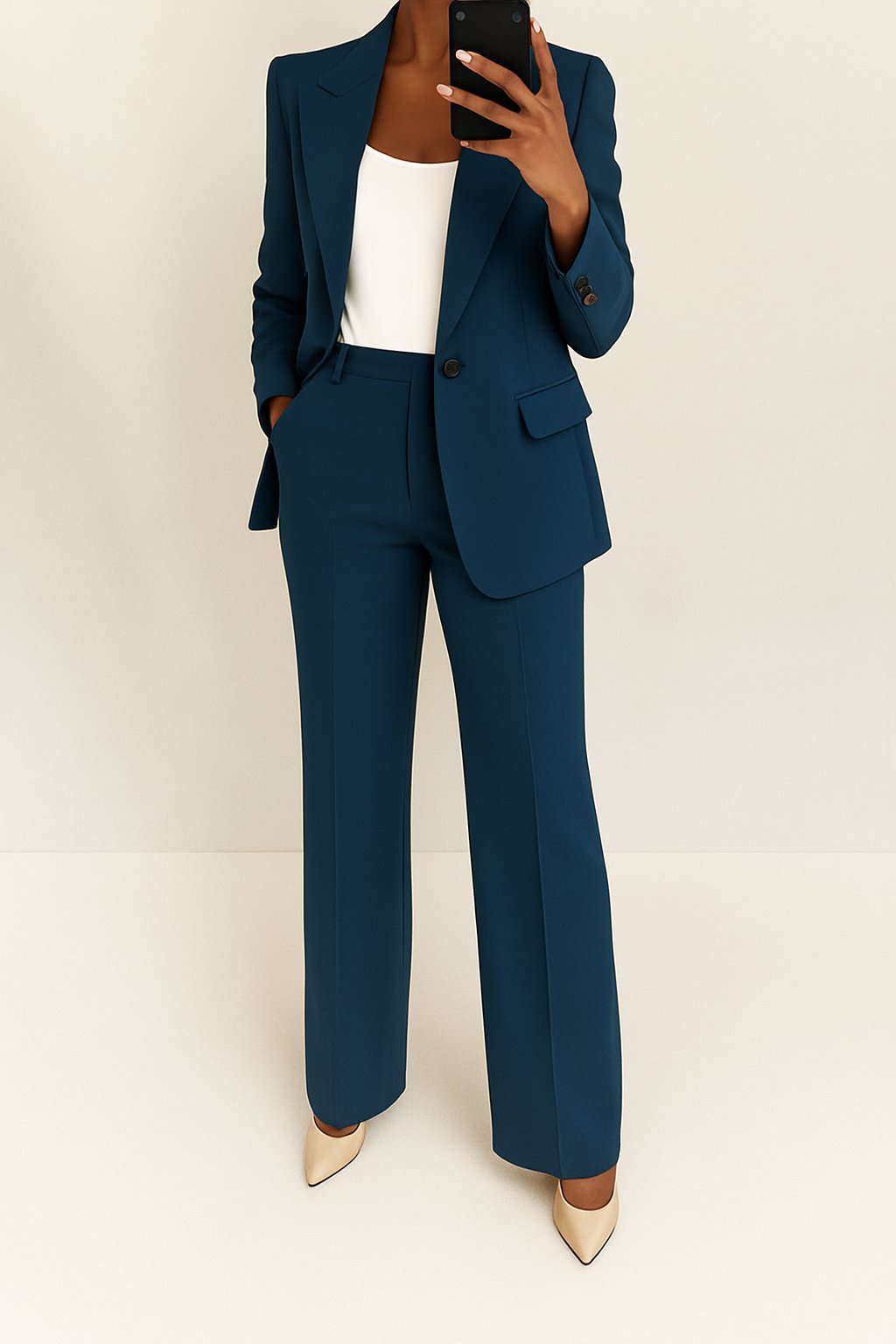 Chic women's business suit set including a flattering tailored blazer & sleek trousers for a polished office look.