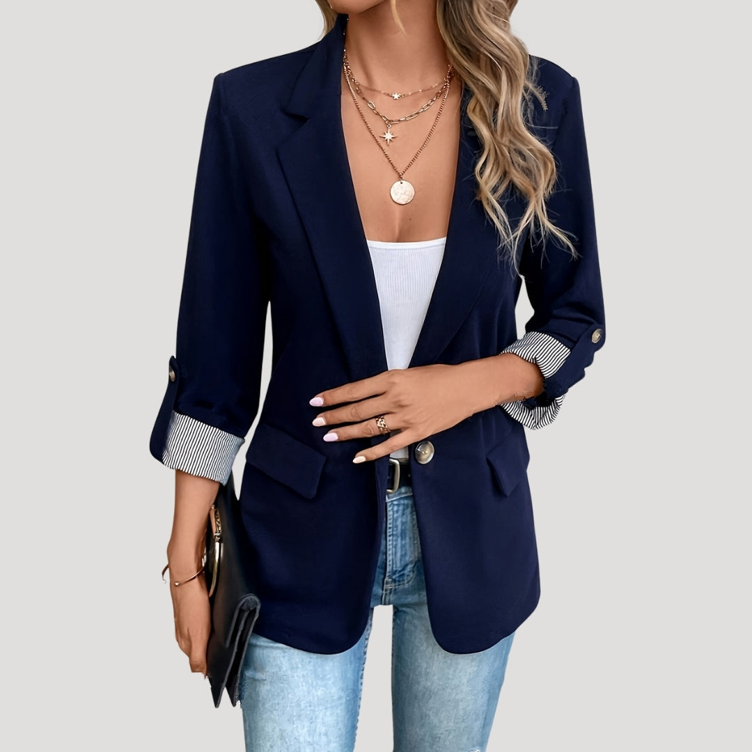 Women's tailored roll-up sleeve blazer, perfect for effortless summer style & versatile chic fashion.