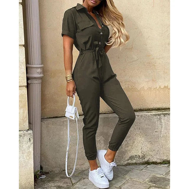 Seductive women's tailored jumpsuit silhouette. Chic evening wear, perfect for a sophisticated party outfit.