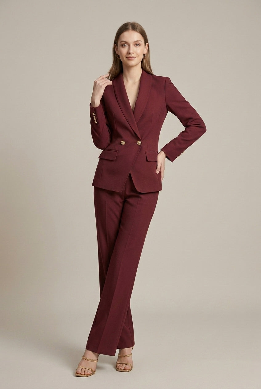 Elegant women's tailored two-piece suit set with single breasted blazer. Chic fashion for office & formal events.