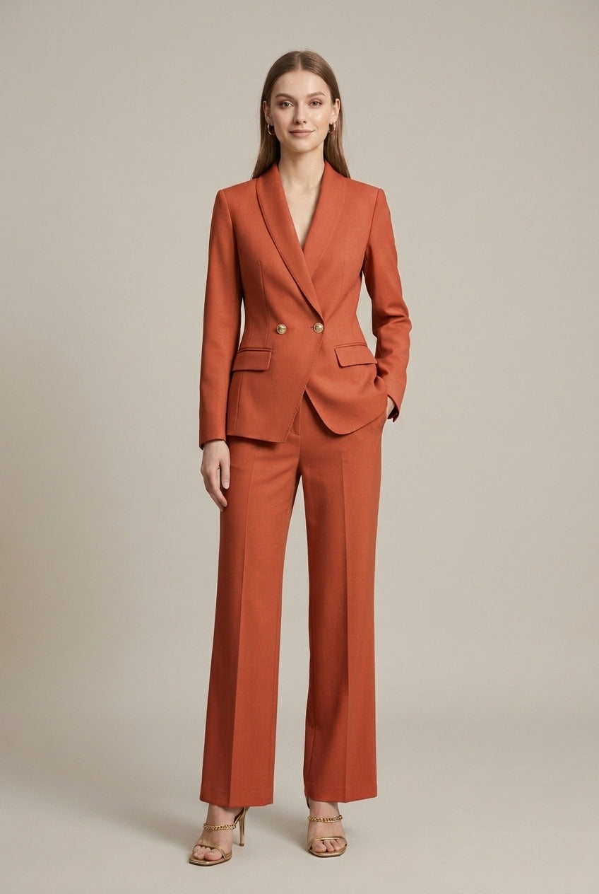 Professional women's single breasted pant suit. Tailored two-piece business suit, perfect for elegant office attire.