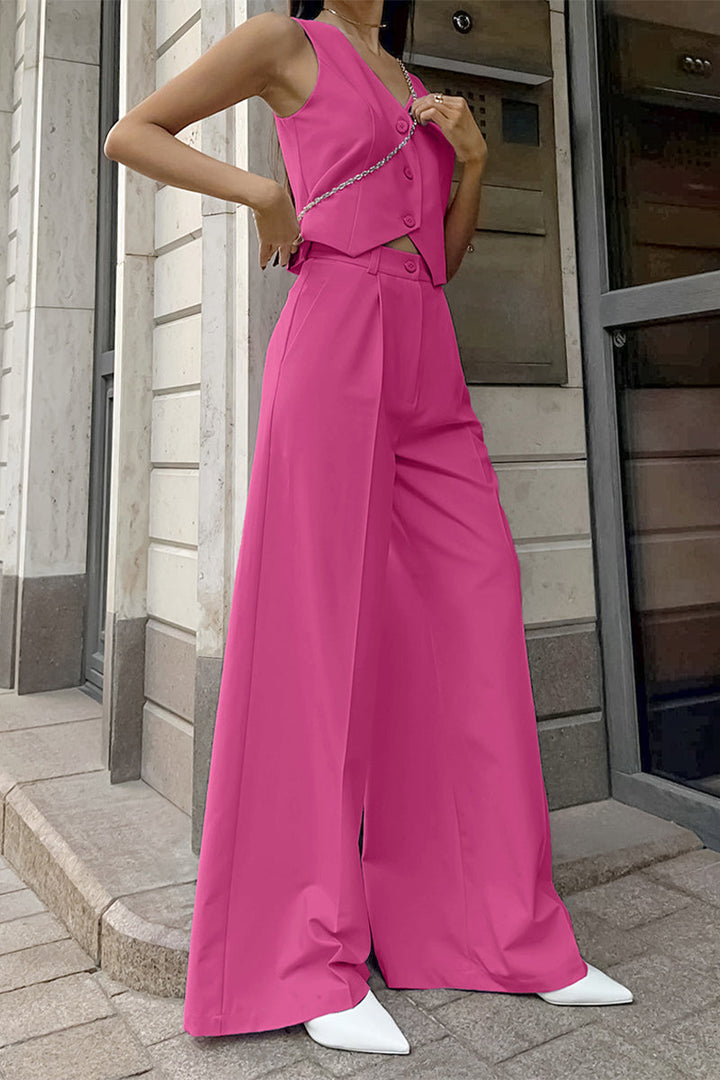 Elegant women's smart casual two-piece set with a sleeveless waistcoat and sophisticated wide-leg trousers.