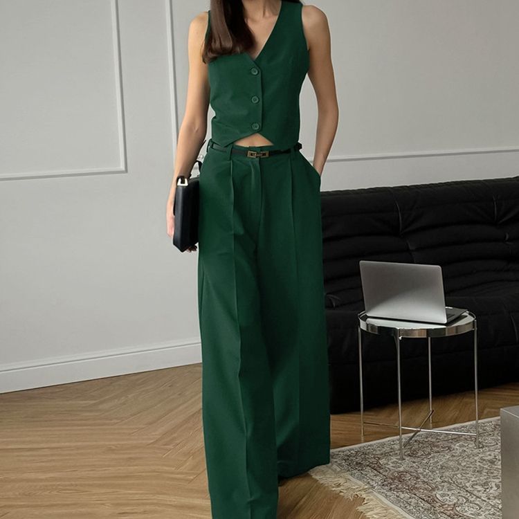 Versatile women's two-piece set: smart sleeveless waistcoat top and elegant wide-leg trousers for work or casual.