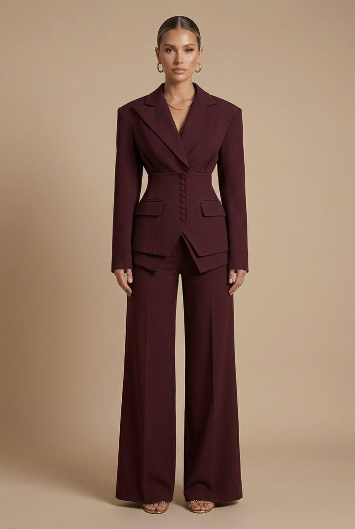 Women's tailored two-piece suit with peaked lapel blazer & wide-leg trousers. Professional business attire.