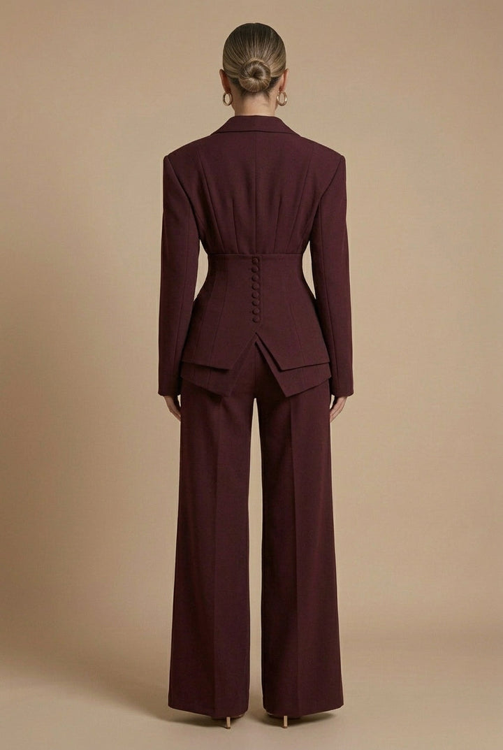 Elegant women's power suit: tailored blazer & wide-leg pants. Perfect for office fashion & formal events.