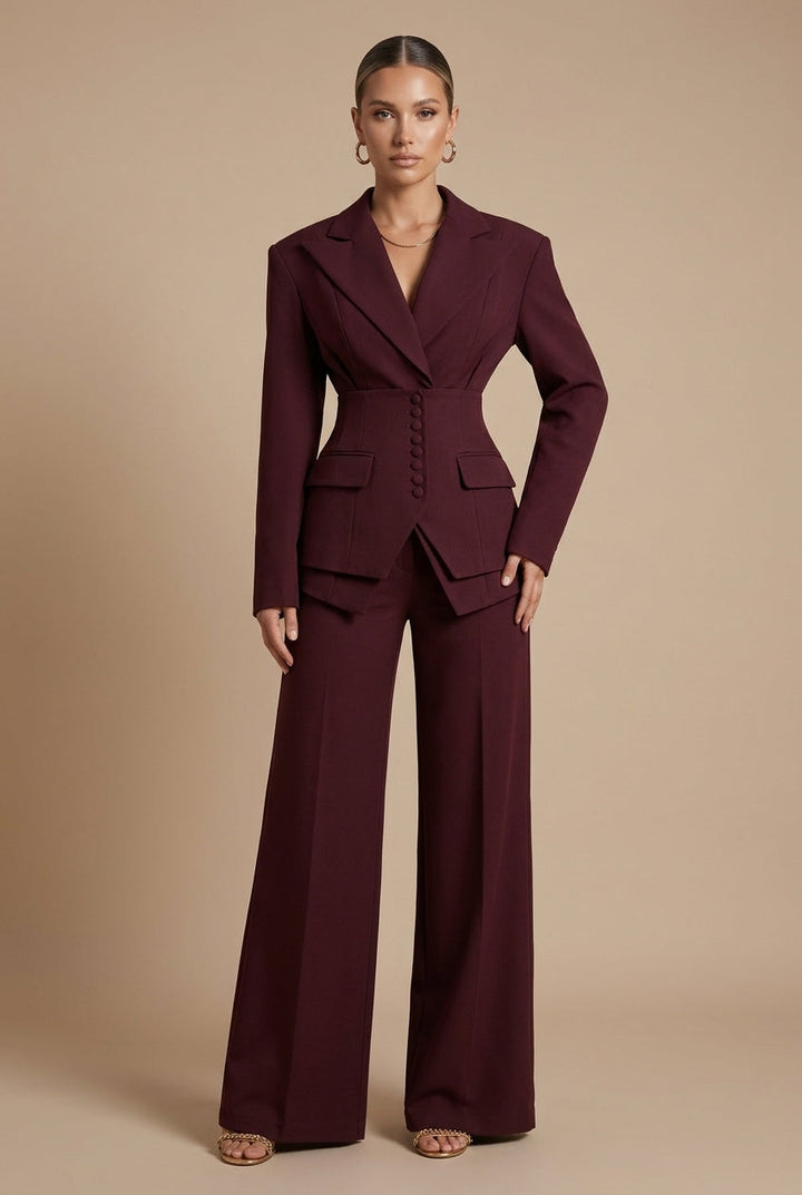 Stylish women's two-piece set featuring a peaked lapel blazer & comfortable wide-leg trousers.