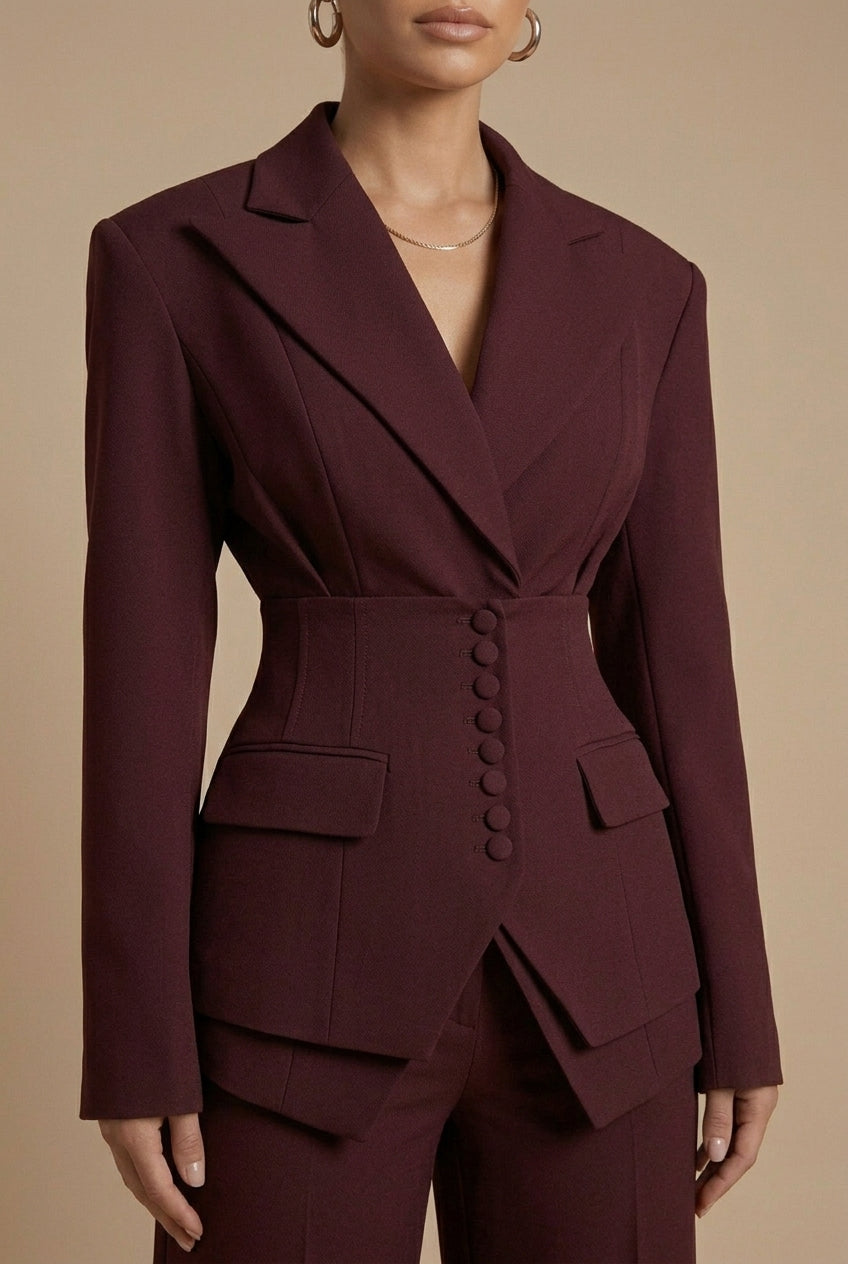 Professional women's tailored suit. Classic peaked lapel blazer & sophisticated wide-leg pants.