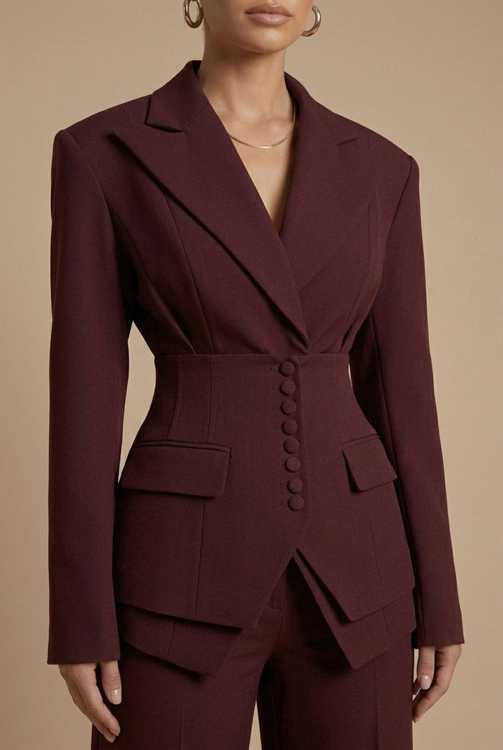 Professional women's tailored suit. Classic peaked lapel blazer & sophisticated wide-leg pants.