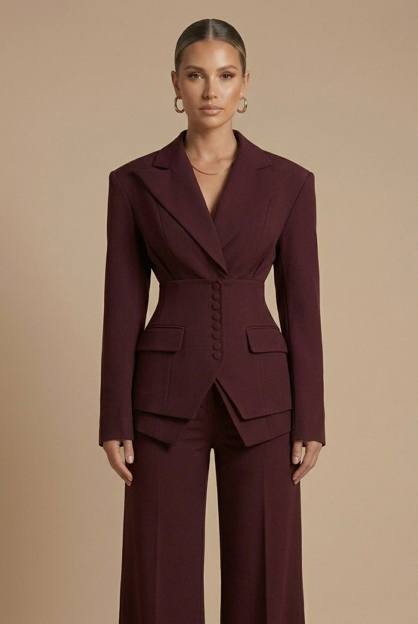 Model in a women's tailored two-piece suit with peaked lapel blazer & wide-leg trousers. Formal wear.