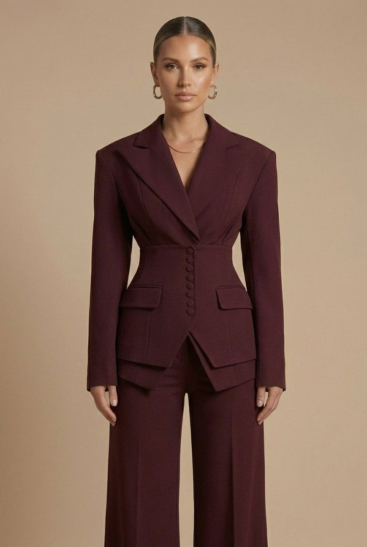 Model in a women's tailored two-piece suit with peaked lapel blazer & wide-leg trousers. Formal wear.