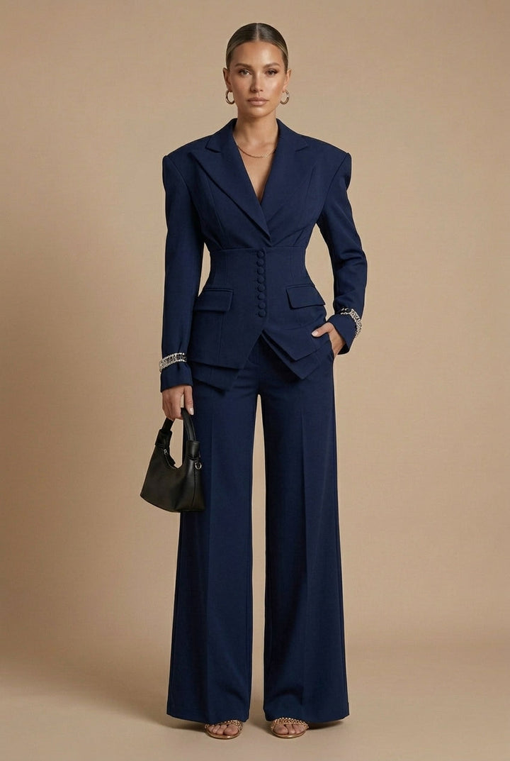 Close-up: Peaked lapel tailored blazer from women's two-piece suit. Elegant business & office fashion.