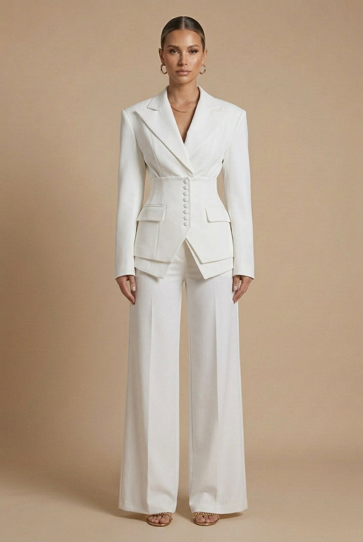 Detail shot of wide-leg trousers from the women's tailored suit. Chic & comfortable professional wear.