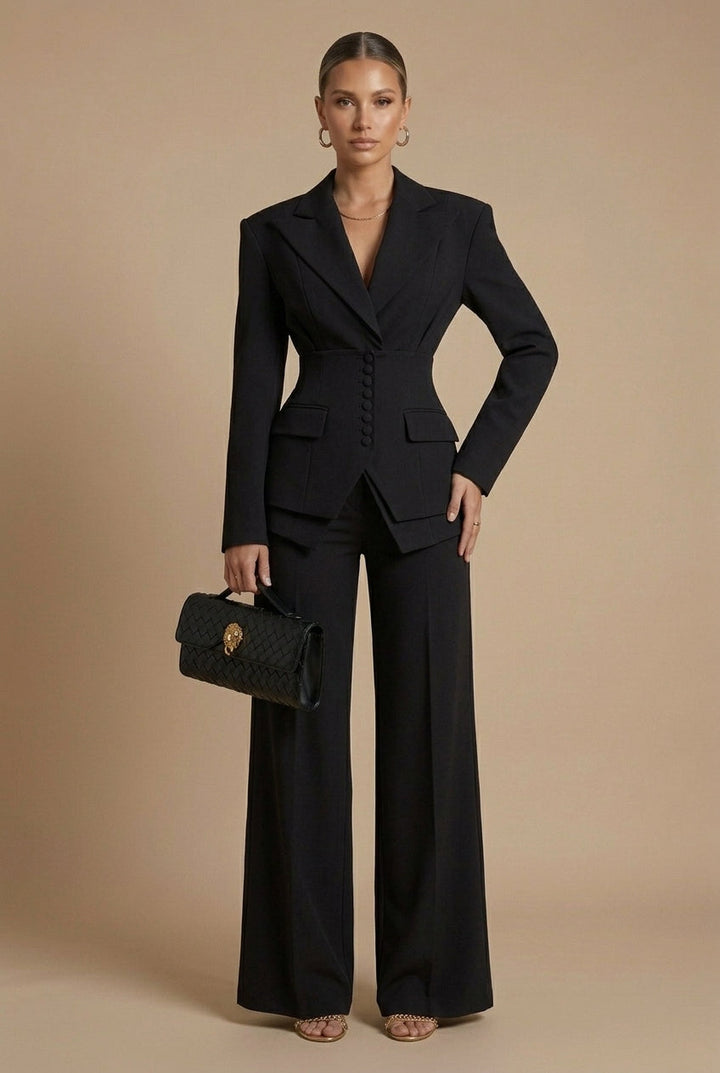 Women's formal two-piece set: structured peaked lapel blazer and flowing wide-leg pants for work.